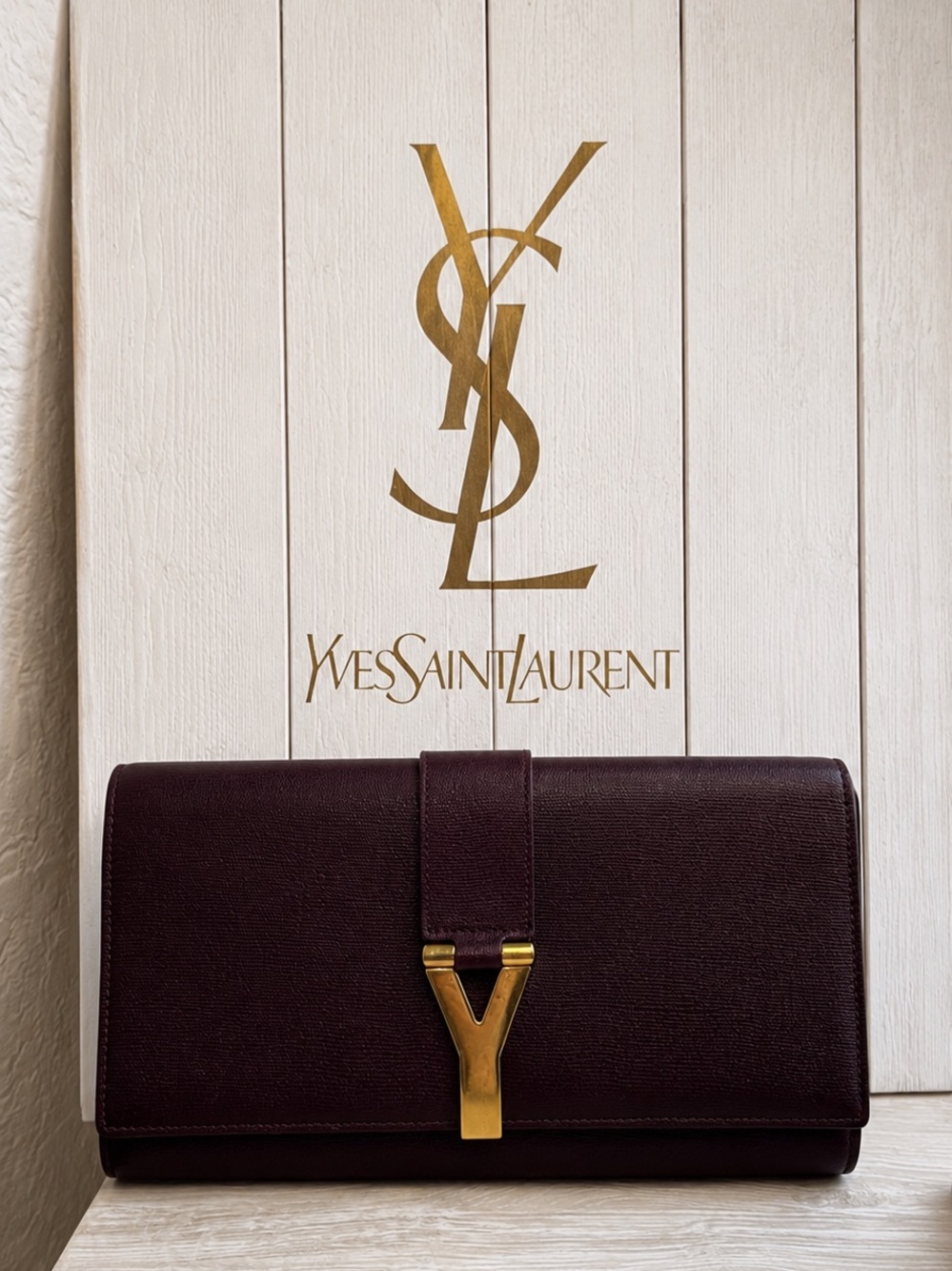 YSL Y-Ligne Flap Clutch In Burgundy COA included NICE